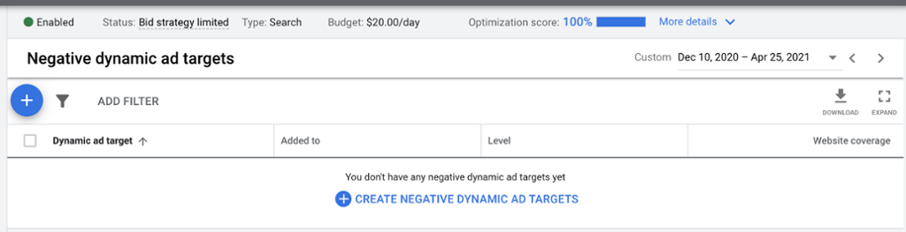 Negative Dynamic Ad Targets Screenshot