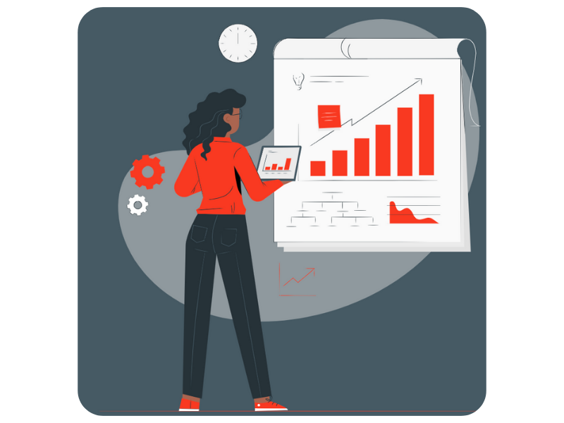 woman in orange reporting business growth